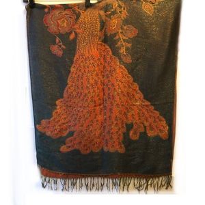 Scarf-Peacock Design, Orange & Blue/Black, Fringe